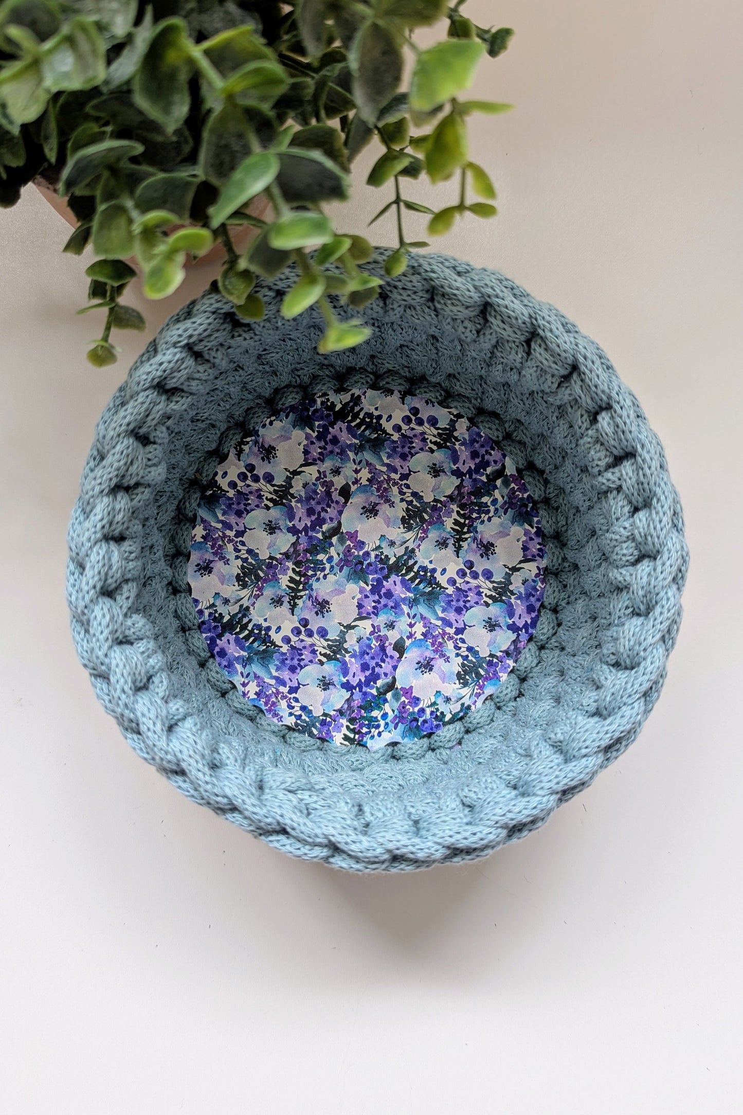Crochet Basket WIth Patterned Wooden Base