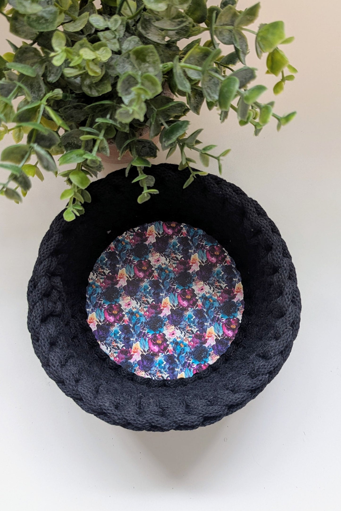 Crochet Basket WIth Patterned Wooden Base