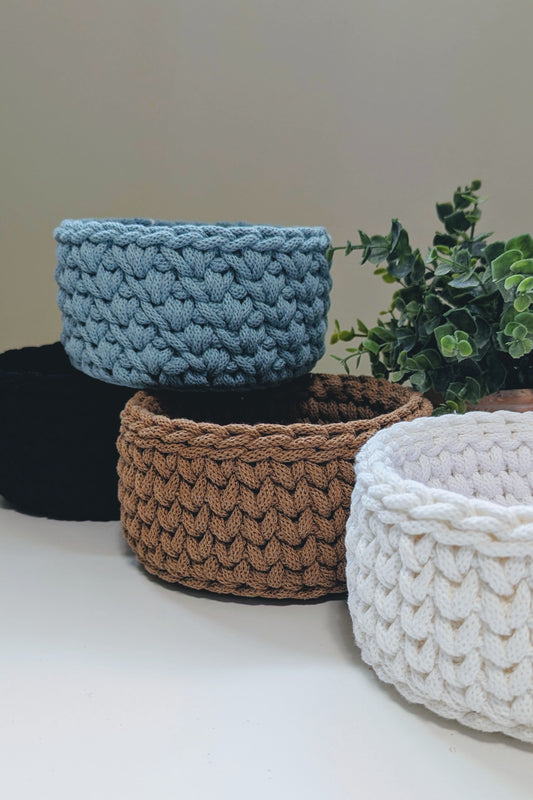 Crochet Basket WIth Patterned Wooden Base