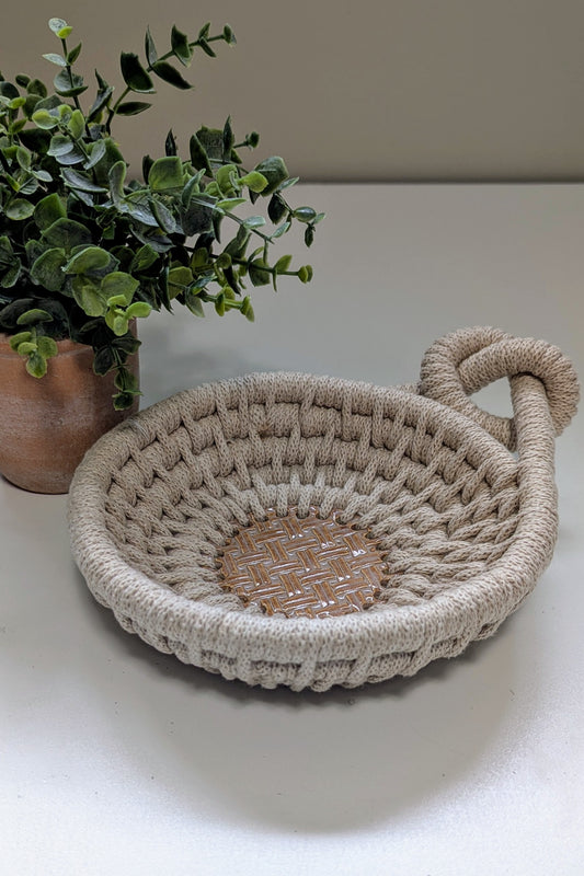 Woven Coiled Decorative Basket With Ceramic Base