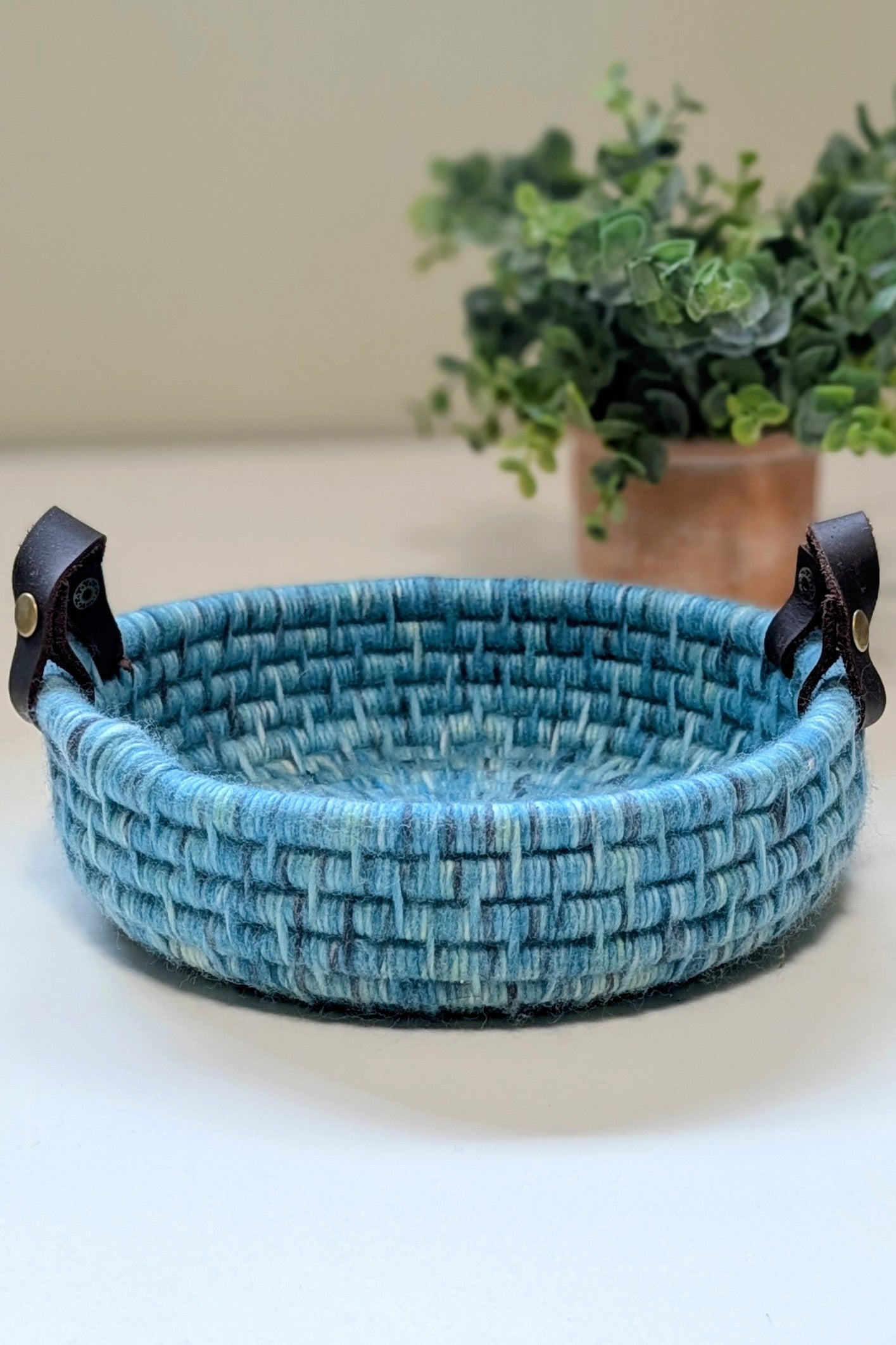 Blue Basket With Leather Handles
