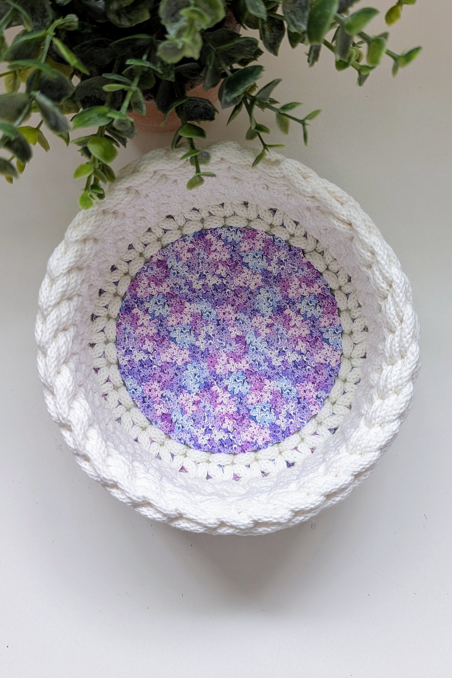 Crochet Basket WIth Patterned Wooden Base