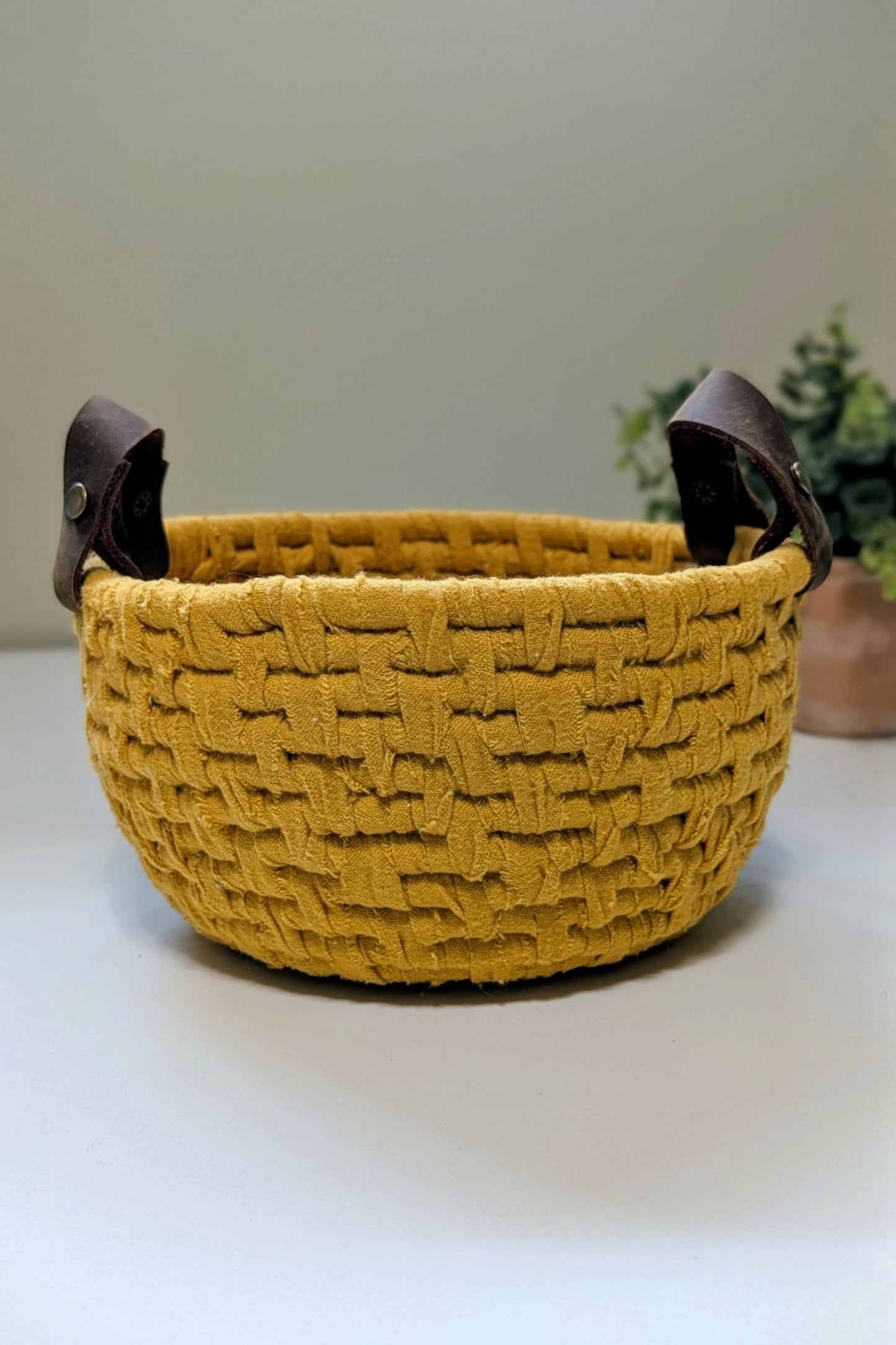 Yellow Basket With Leather Handles